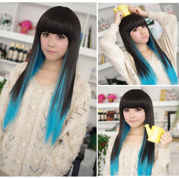 Wig Style Black +Blue Long Straight