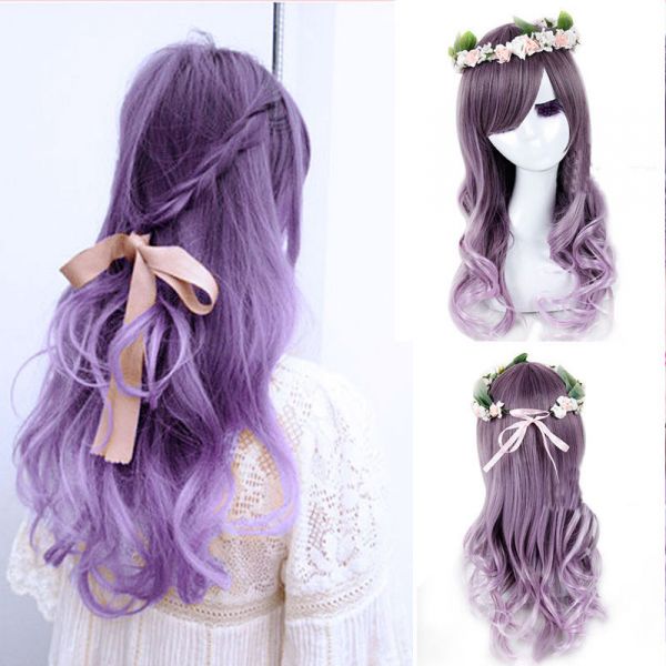 Vintage Wig Long Curly Wavy Purple Gradient Ombre